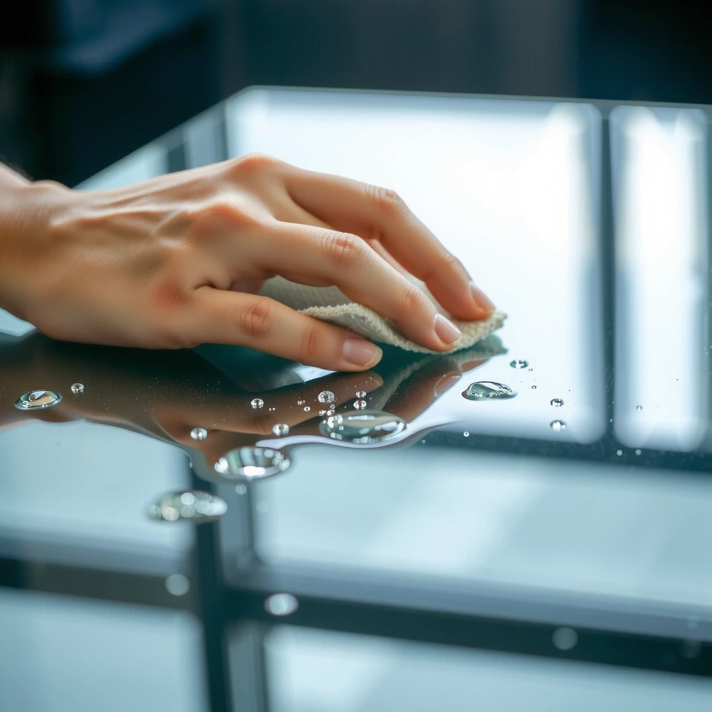 Water droplets on glass representing clarity and purity